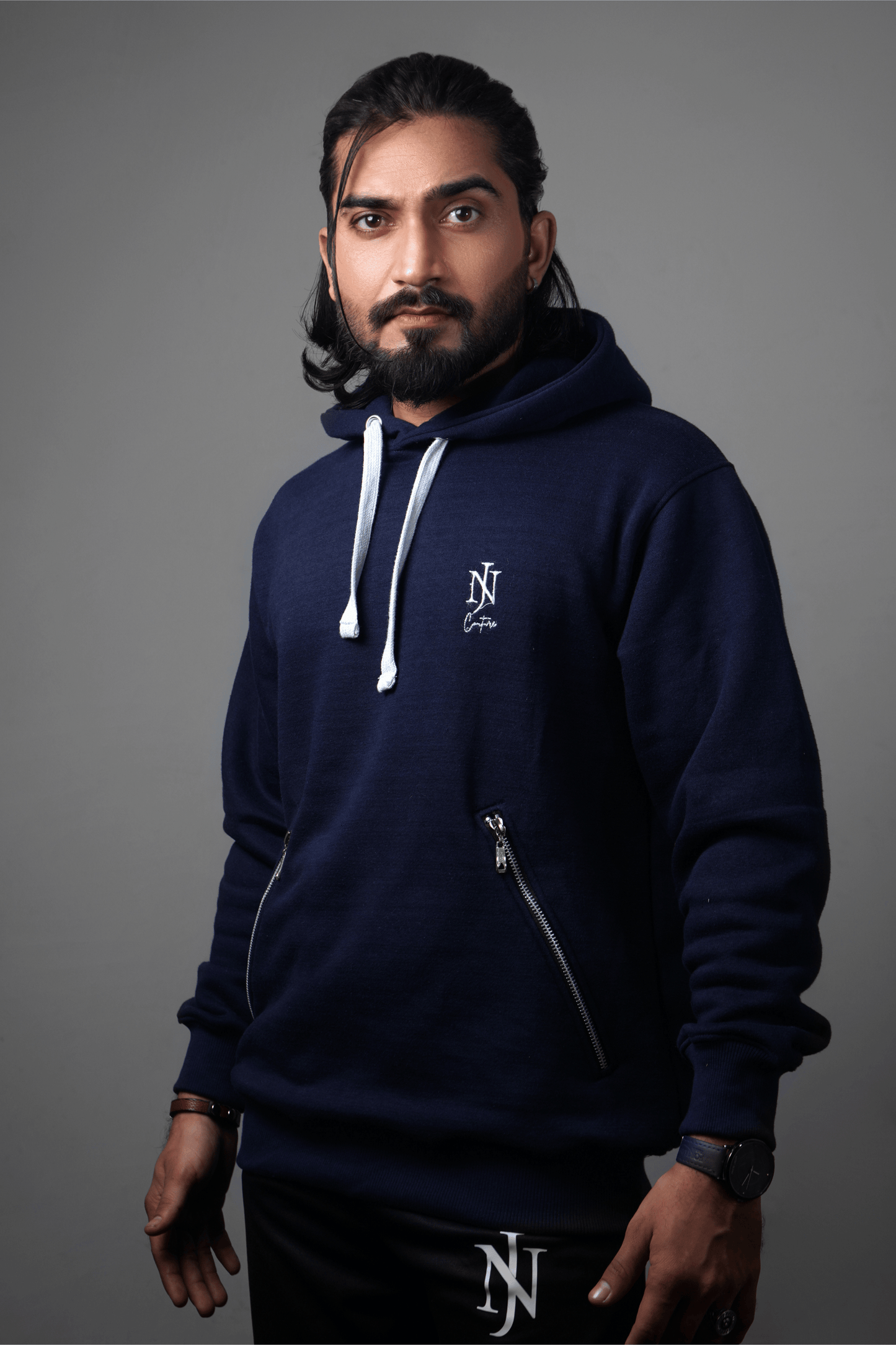NJ Couture Men's Signature Side-Zip Fleece Navy Blue Hoodie