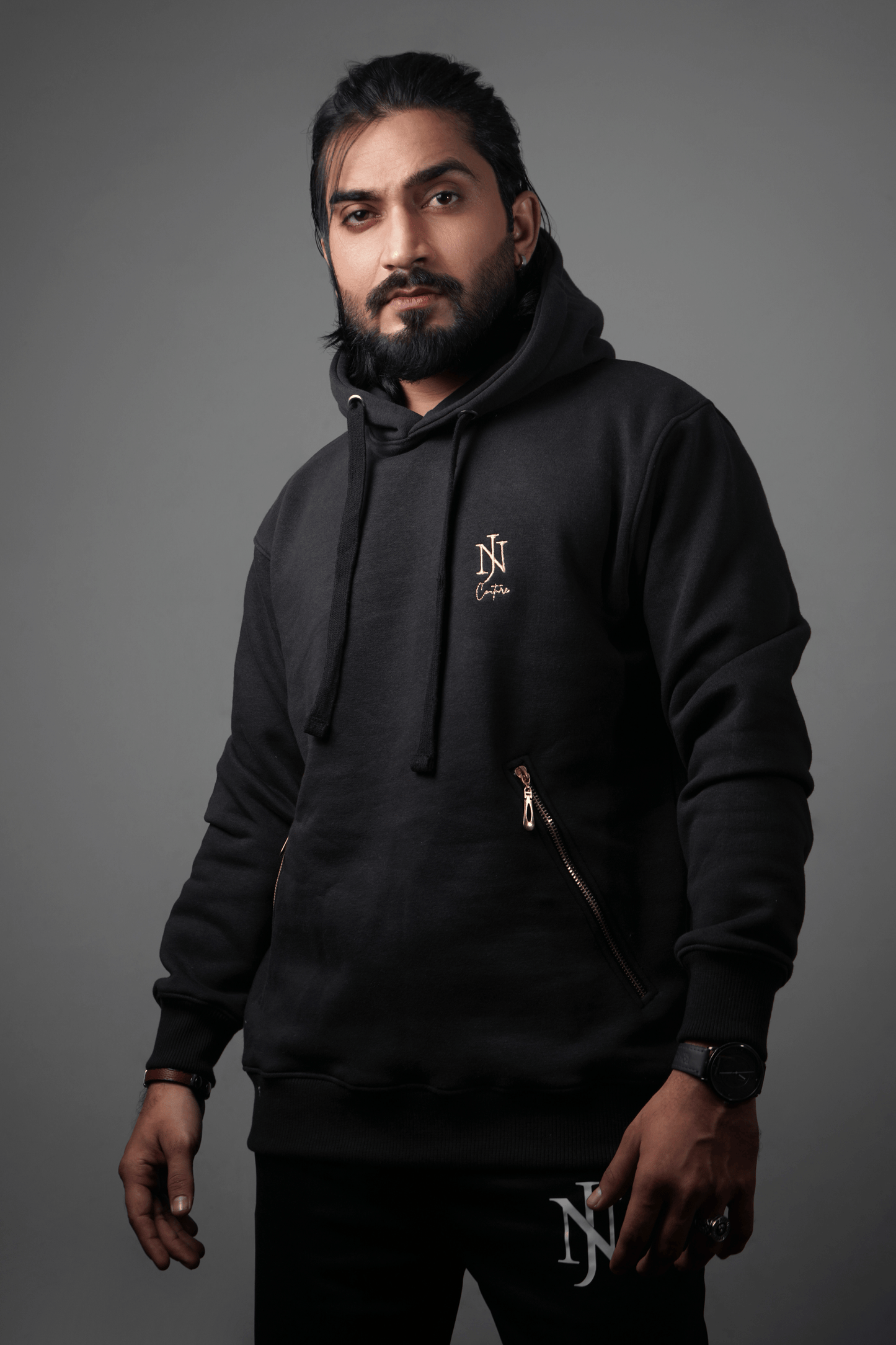 NJ Couture Men's Signature Side-Zip Fleece Black Hoodie