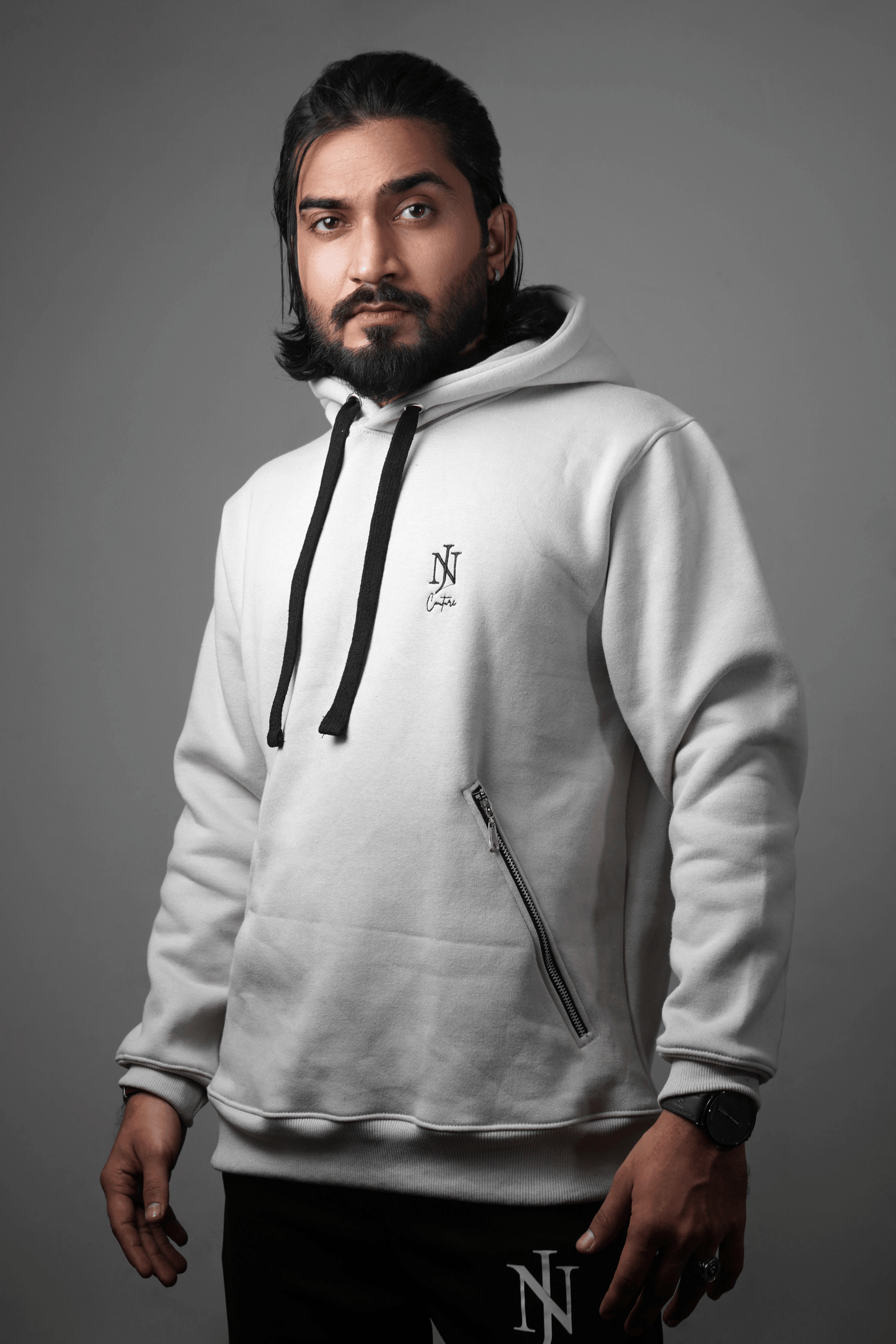 NJ Couture Men's Signature Side-Zip Fleece White Hoodie
