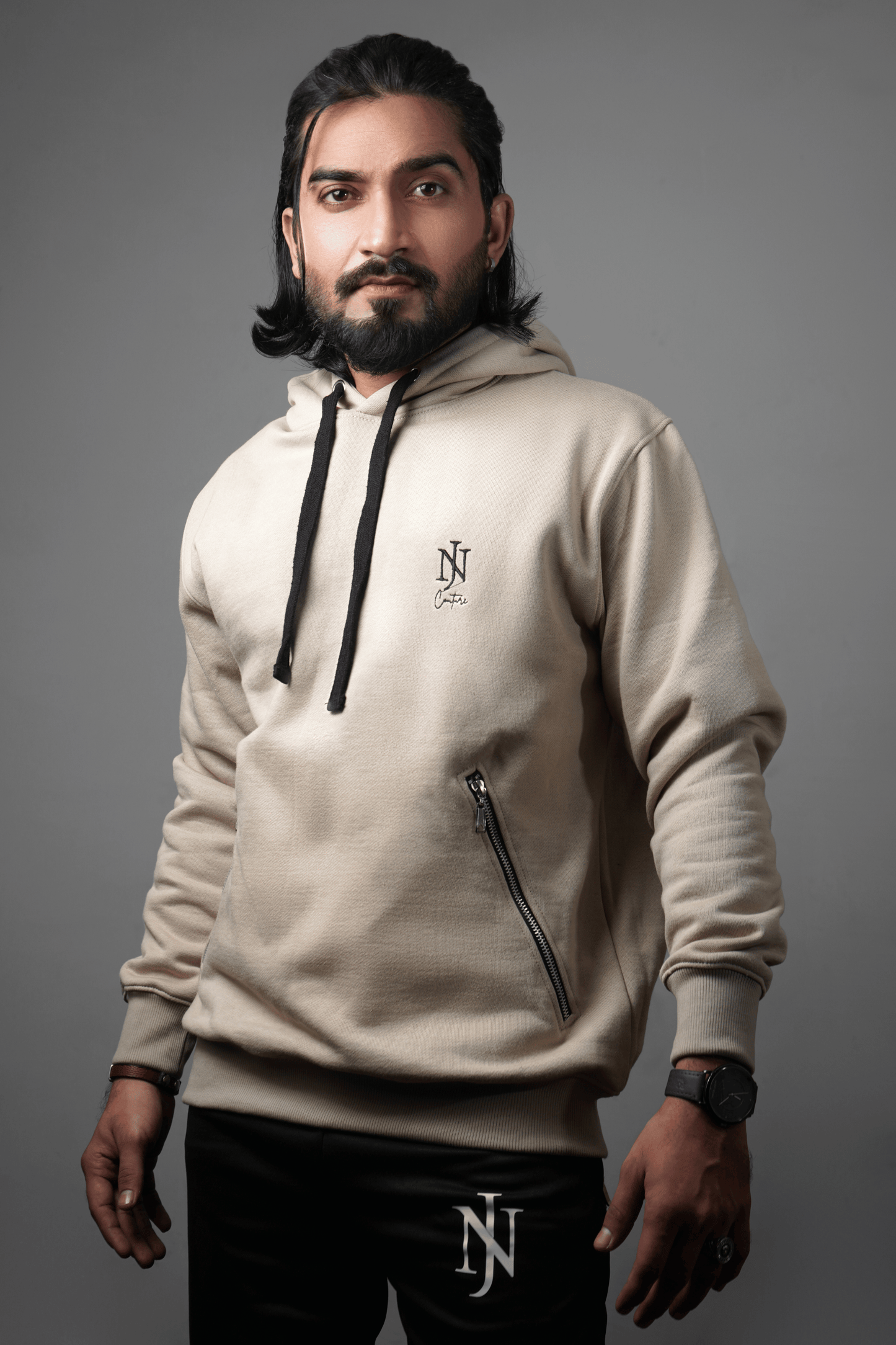 NJ Couture Men's Signature Side-Zip Fleece Light Beige Hoodie