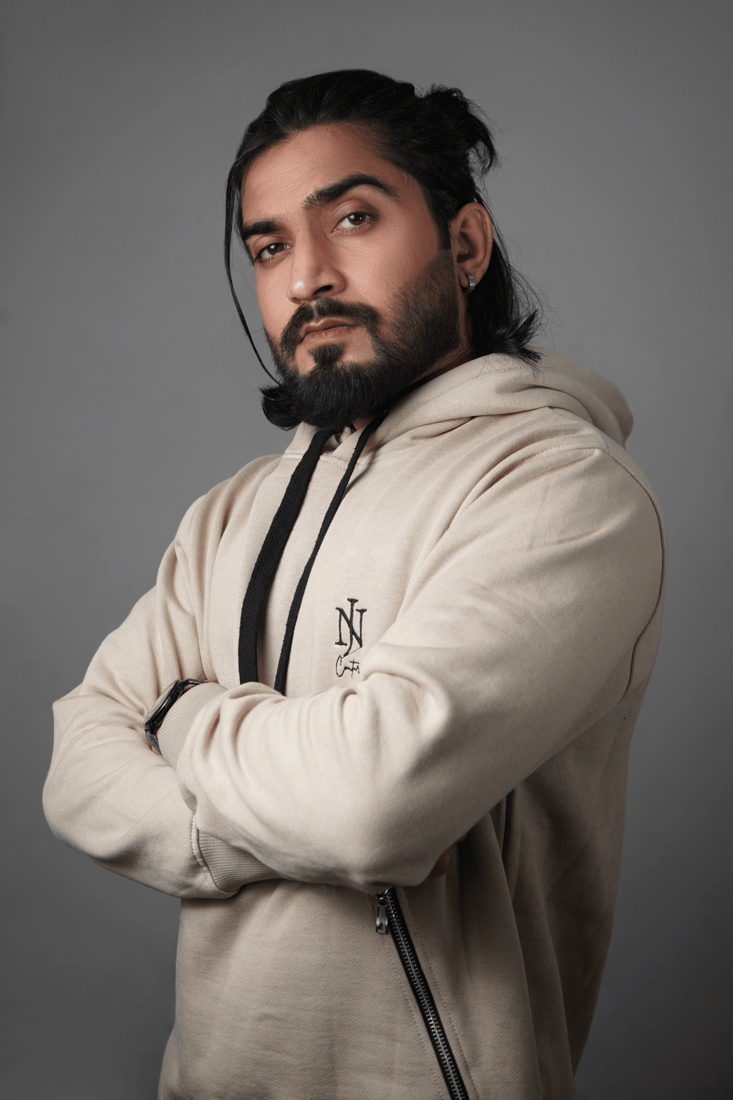 NJ Couture Men's Signature Side-Zip Fleece Light Beige Hoodie