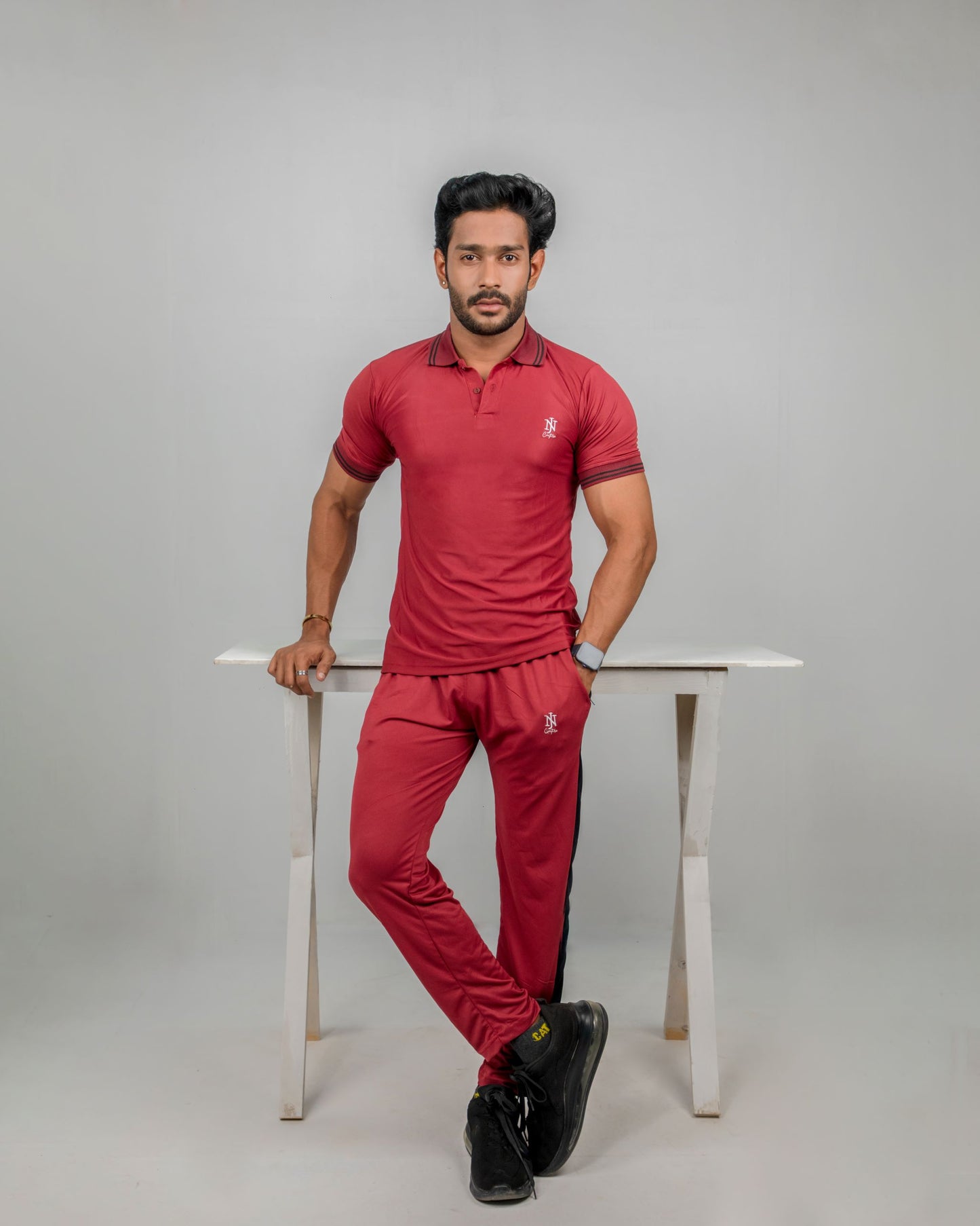 Men's Burgundy Nj Couture T-Shirt & Trouser Track Suit