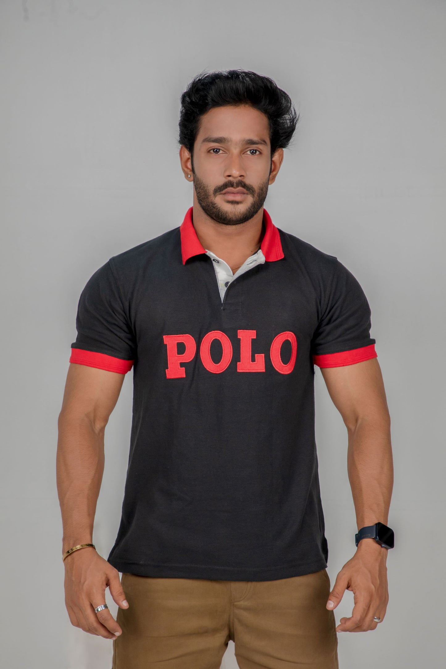 Classic Black Polo Shirt with Red Accents