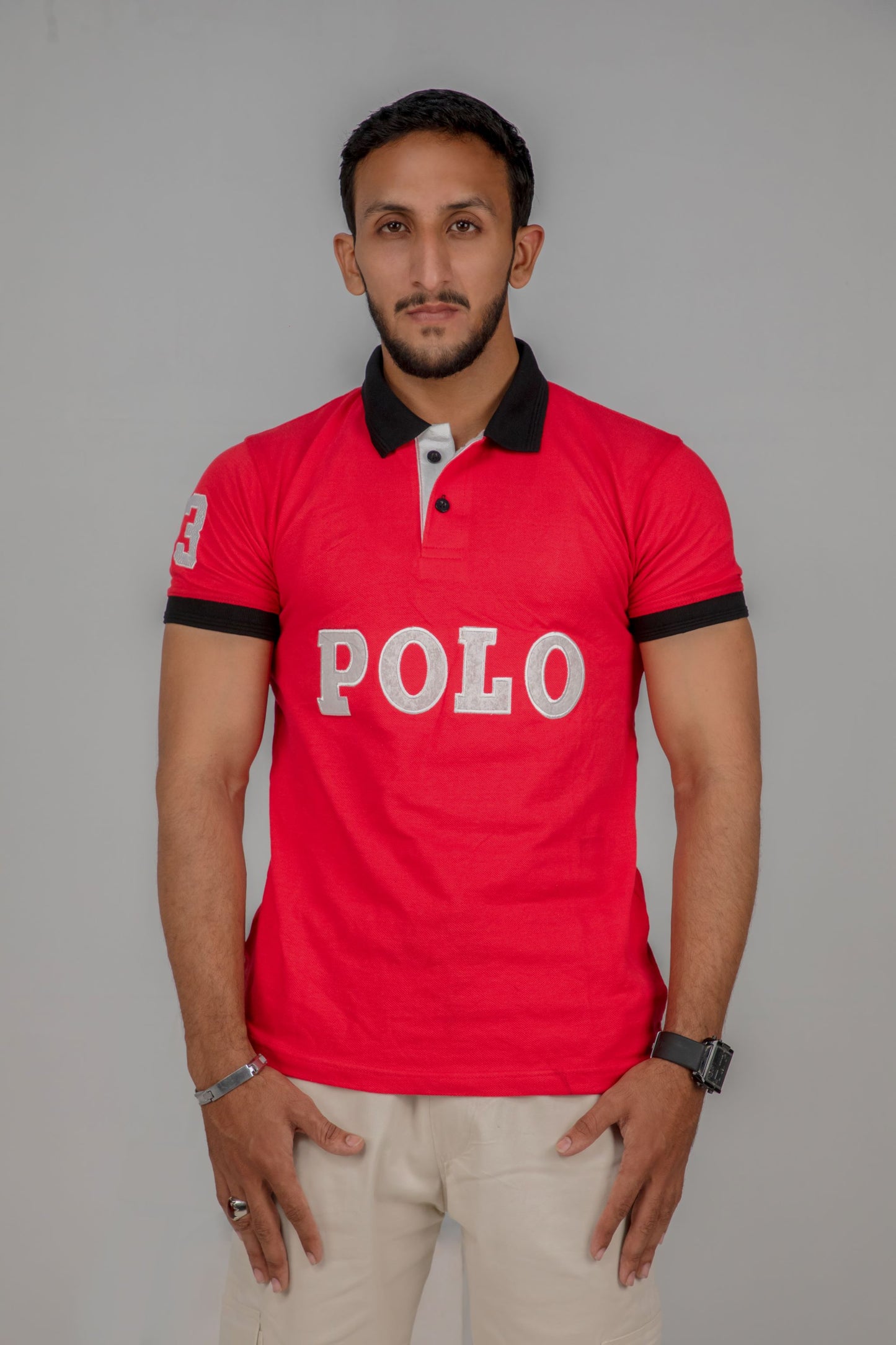 Classic Men's Red Polo Shirt with Bold Embroidery