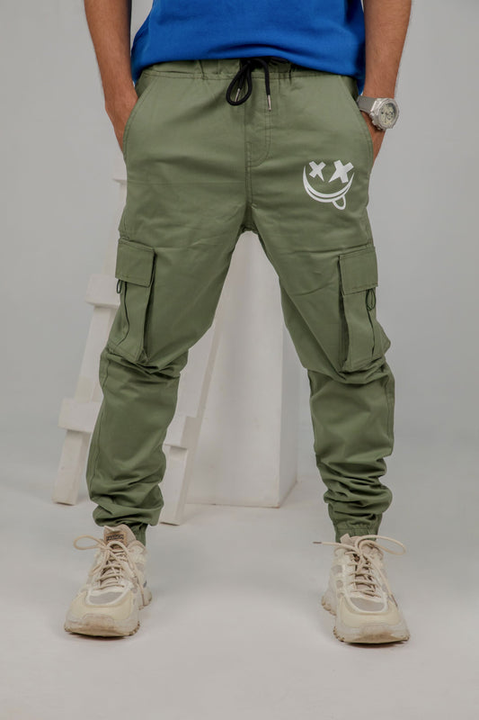 Men's Olive Green Cargo Joggers with Smiley Face Print