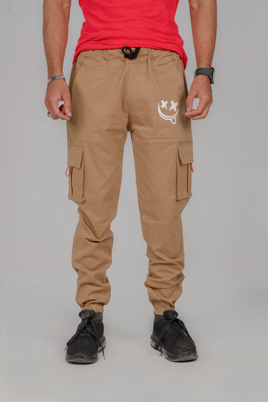 Men's Beige Smiley Cargo Joggers – Casual Comfort with a Playful Twist