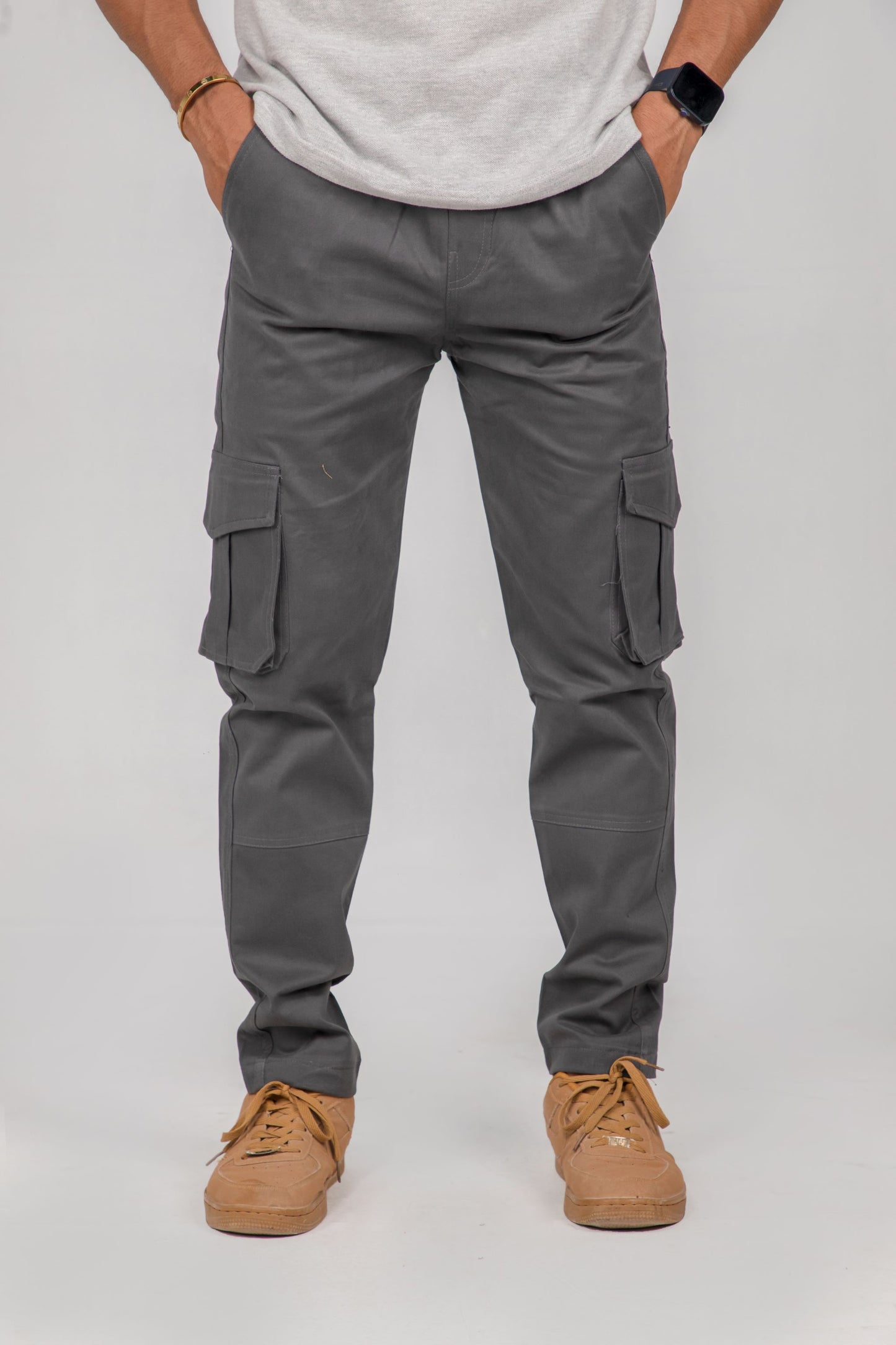 Men's Casual Grey Cargo Trousers with Pockets - Comfortable & Versatile