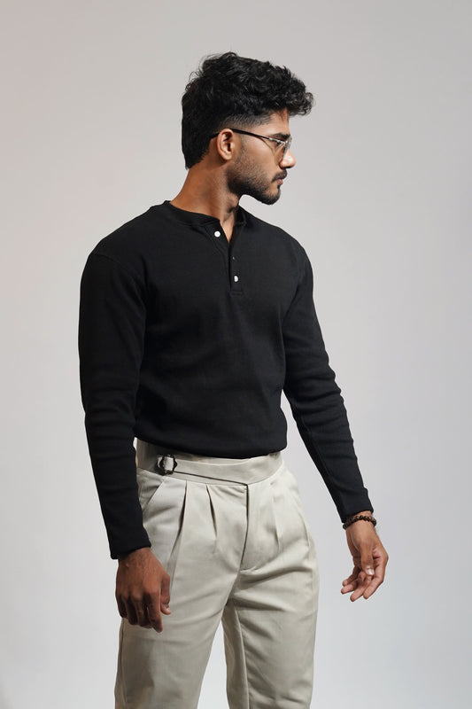 The Old Money Henley Black Shirt